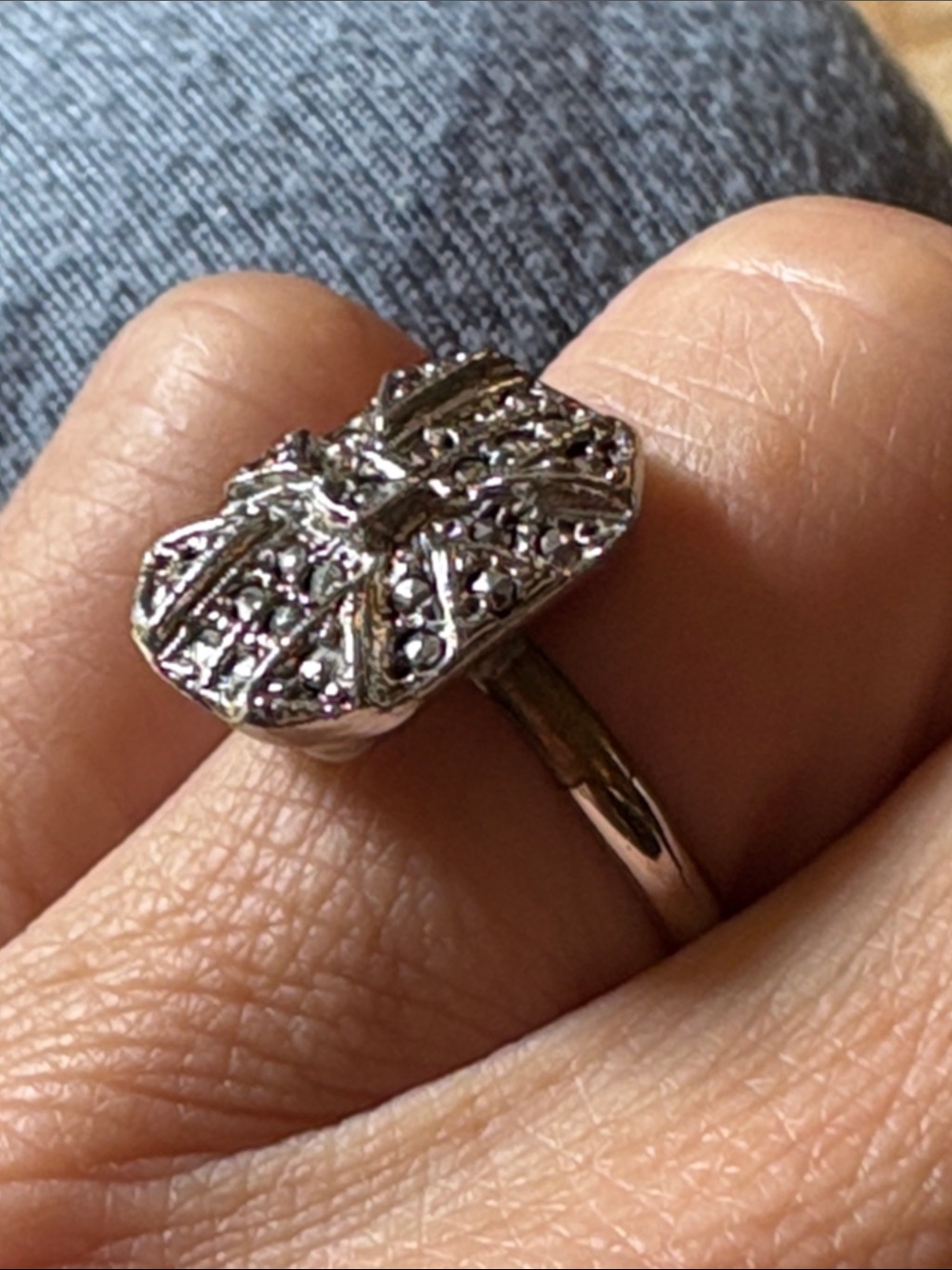 Vintage Silver Tone Marcasite Adjustable Ring